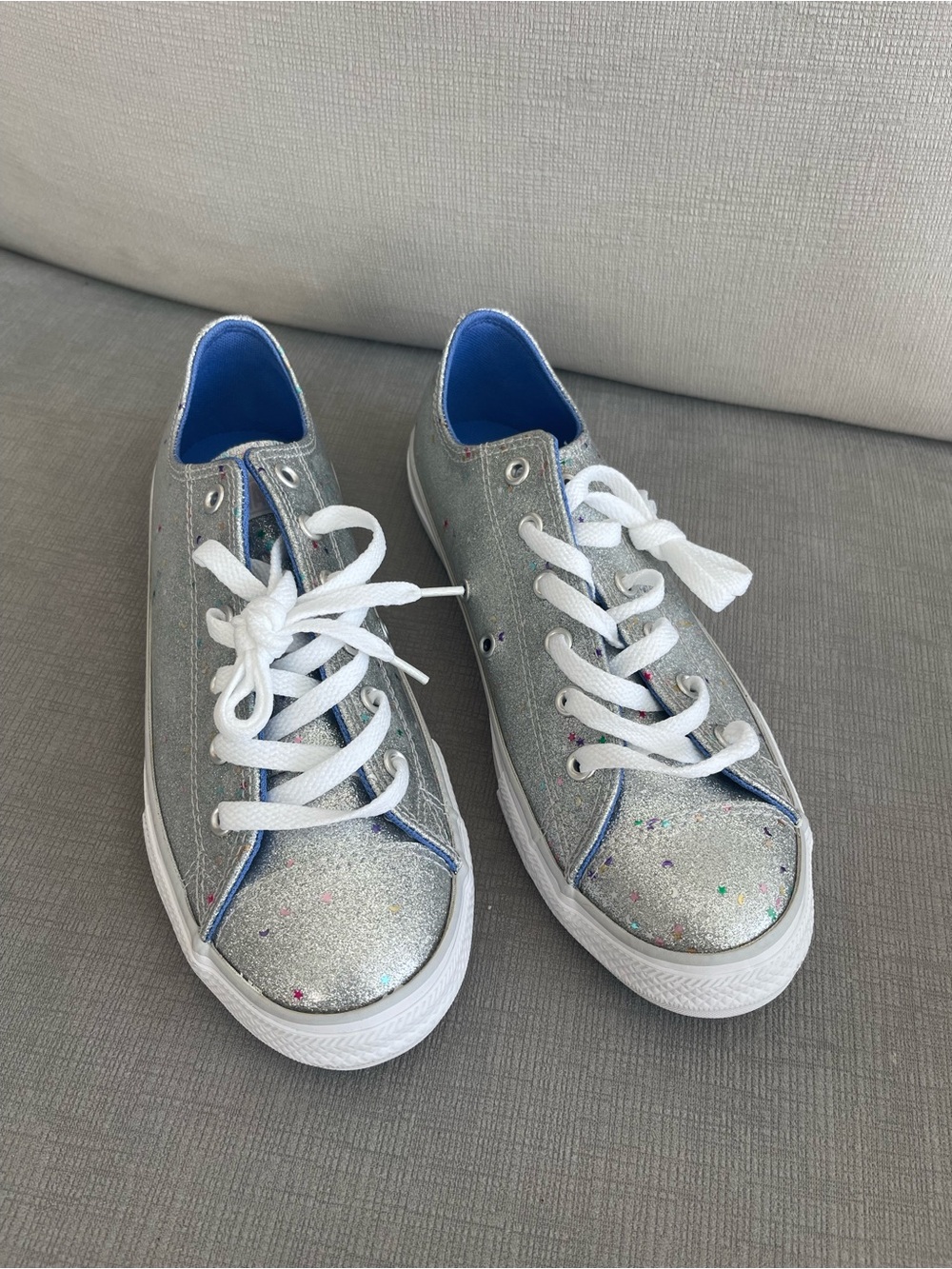 Kids Glitter Silver Lace-Up Sneakers with Bright Blue Lining